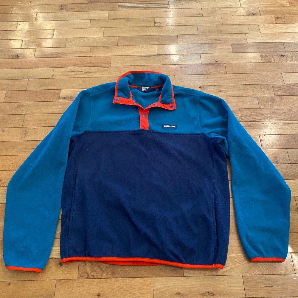 Lands End Mens Medium Fleece Snap Neck Pullover Colorblock Blue Orange Mock Neck
